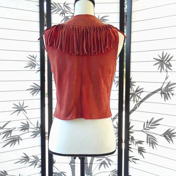 RARE Vintage 1970s Red Sun Faded Suede Fringe Vest Jacket - Picture 7 of 16